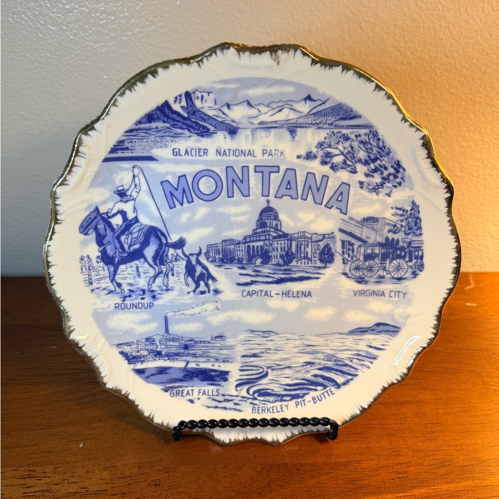 Vintage State of Montana Blue and White Decorative Plate